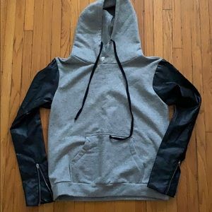 Grey sweatshirt hoodie with faux leather sleeves
